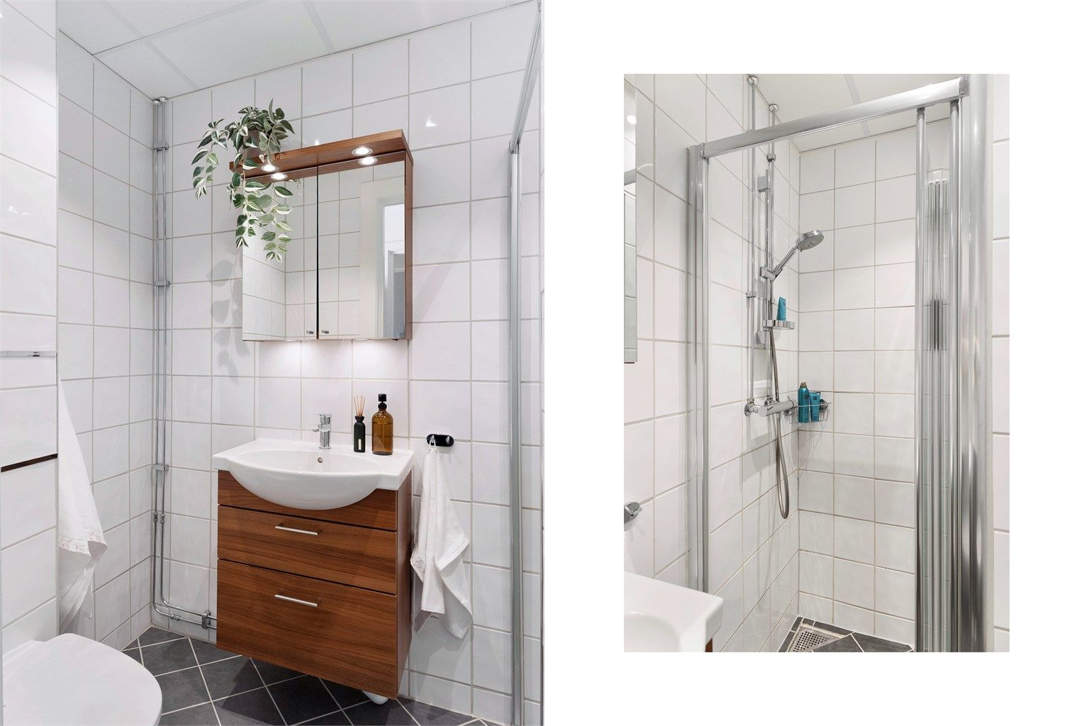 Det lyse, flislagte badet har varmekabler i gulvet, som gir god komfort året rundt. Badet ble oppgradert i regi av boligselskapet i 2009, og har dusjhjørne med dører og vegghengt toalett.