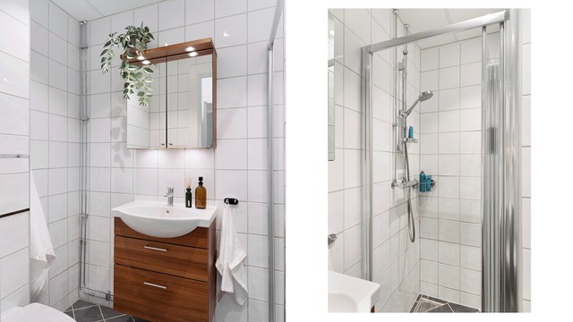 Det lyse, flislagte badet har varmekabler i gulvet, som gir god komfort året rundt. Badet ble oppgradert i regi av boligselskapet i 2009, og har dusjhjørne med dører og vegghengt toalett.