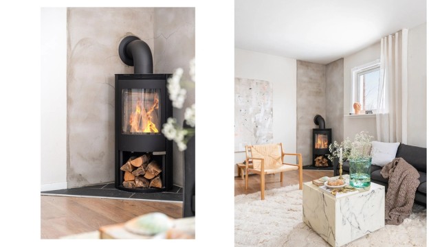 En vedovn i stuen gir ekstra varme og hygge på kalde dager.