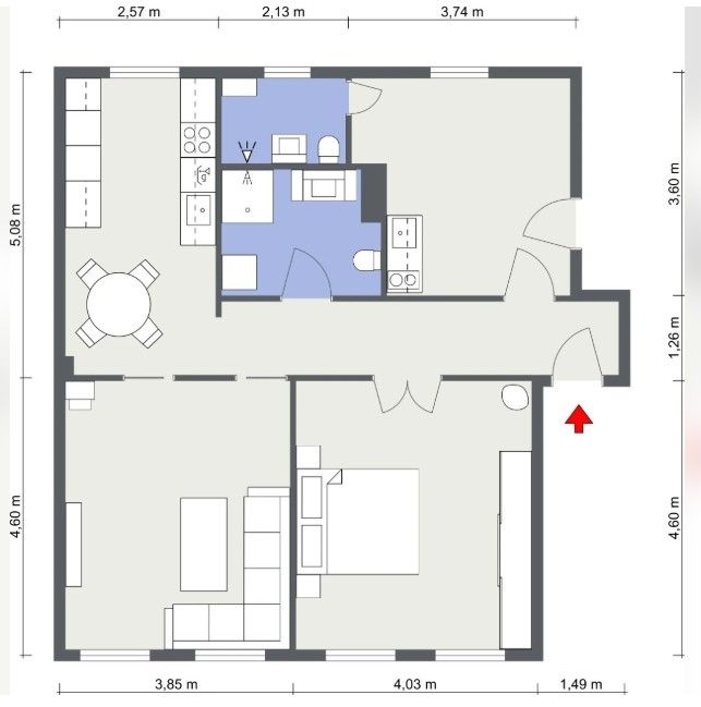 Alternativ planskisse 2: Eksempel på tilsvarende bolig i gården hvor det er etablert hybeldel.