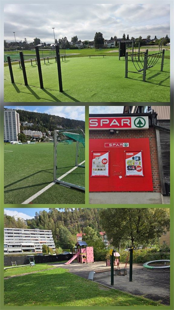 Kort vei til SPAR Kjelsås, lekeplass og Myrerfeltet med kunstgressbane og treningsapparater.