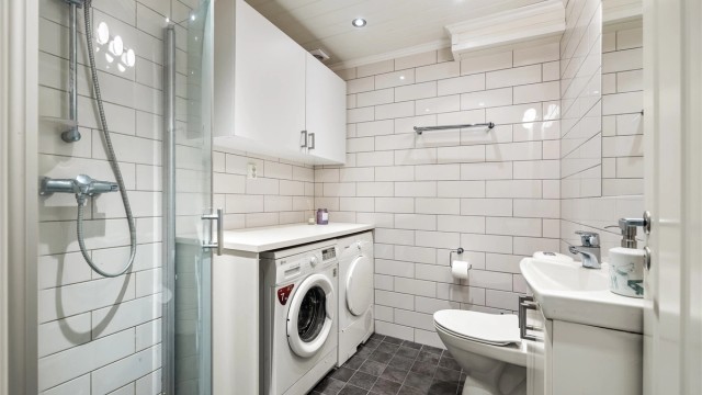 Rommet er praktisk innredet med dusjhjørne og opplegg for vaskemaskin samt tørketrommel.