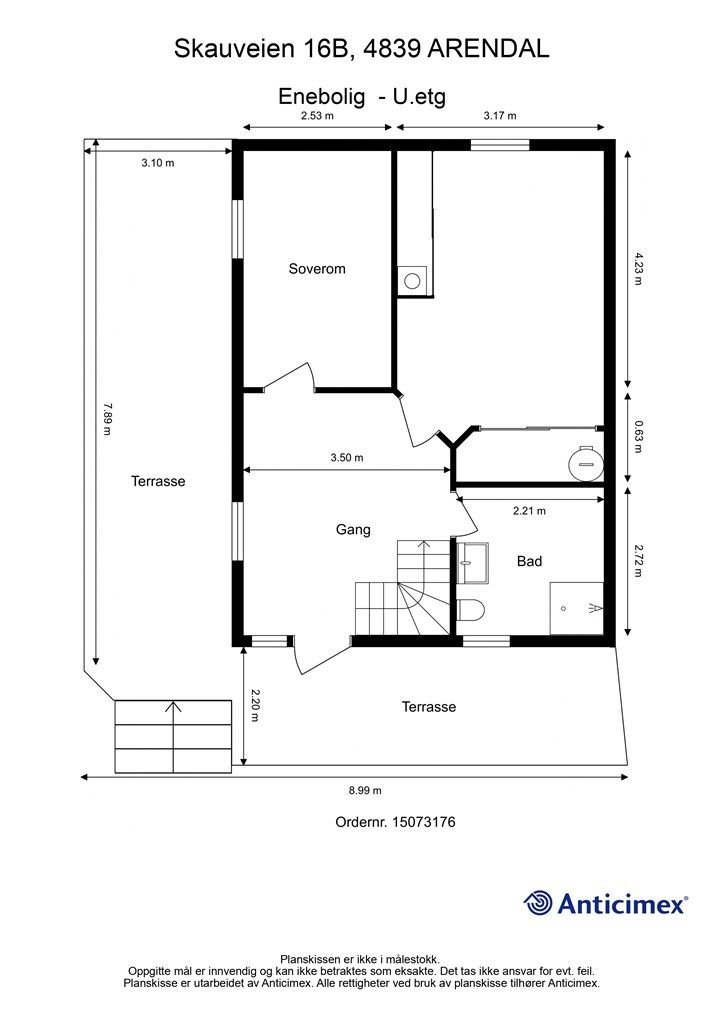 Plantegning underetasje - rommet uten navn er omtalt som soverom, men er kun delvis godkjent som oppholdsrom.