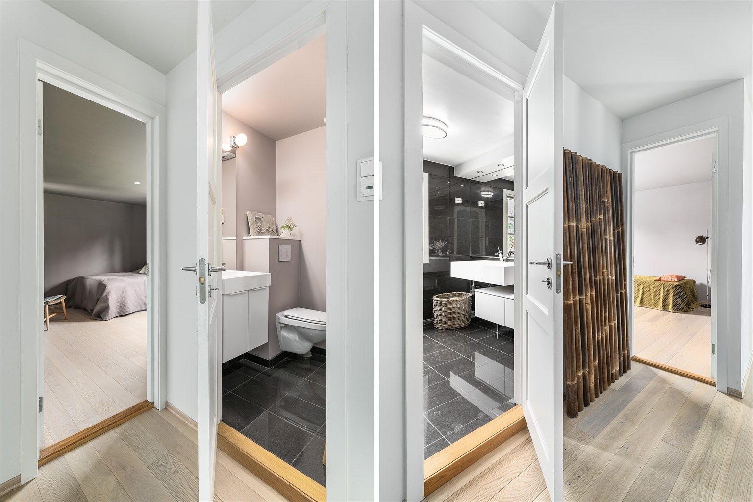 Soverommene og badet i første etasje er samlet omkring entreen. Her finnes i tillegg et separat gjestetoalett.