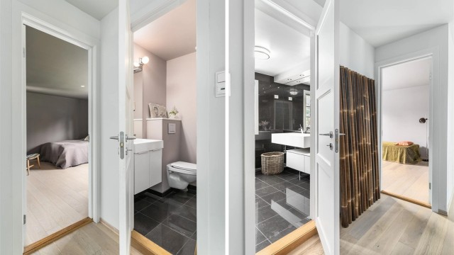 Soverommene og badet i første etasje er samlet omkring entreen. Her finnes i tillegg et separat gjestetoalett.