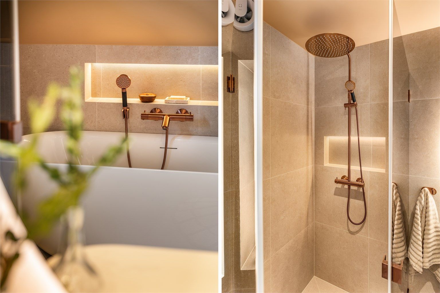 Innfelte hyller er effektfullt lyssatt både i dusjhjørnet og over badekaret.