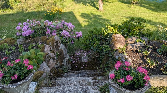Eiendommen er velholdt med langvarig og gjennomført opparbeidelse, der beplantning, steinbed, trapper og gressarealer skaper et vakkert og strukturert hagemiljø (selgers bilde)