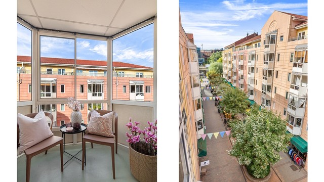 Balkongen har skyvbare glassfelt, belysning og stikkontakter.