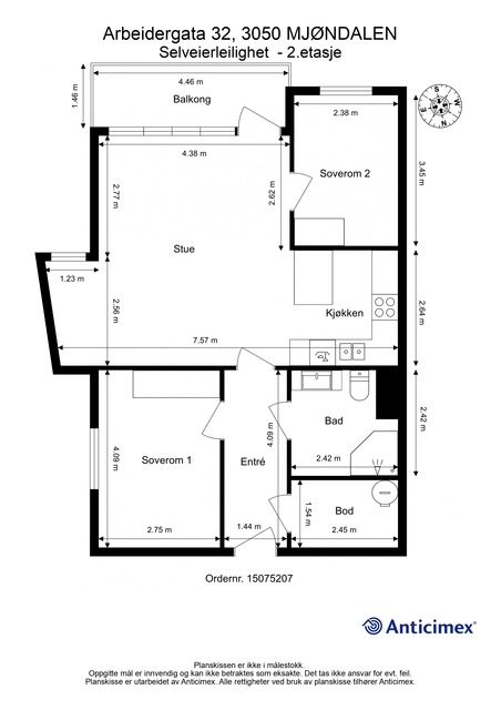 Plantegning - leiligheten ligger i 2. etasje med adkomst via heis eller trapp