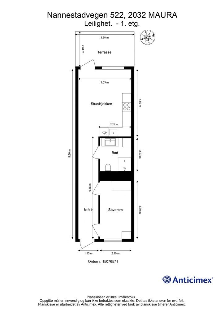 Plantegning med innvendige mål og himmelretning. 