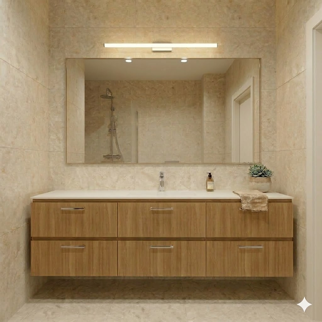 Illustrasjon som viser materialvalg og utforming av badet nede