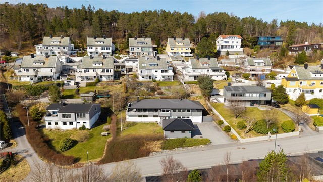 Dronebilde av eiendommen og nærområdet tatt fra syd