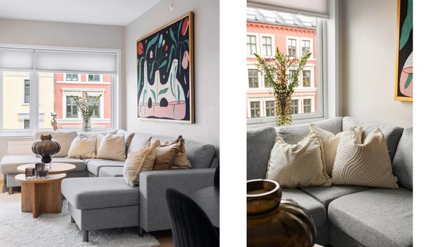 Gjennomgående parkett på gulv og store vindusflater skaper en lys og helhetlig atmosfære i leiligheten.
