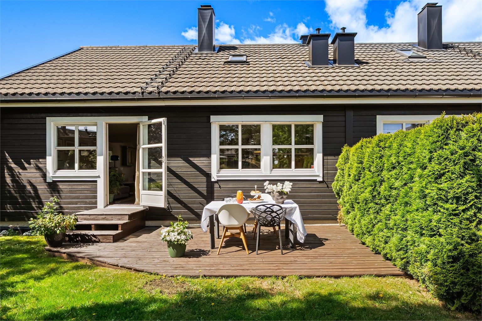 Uteområde - terrasse oppmålt til ca. 15 kvm - grønn og fin hage med diverse frukttrær