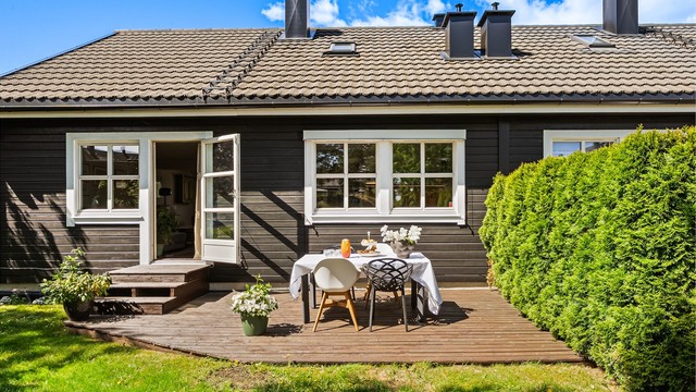 Uteområde - terrasse oppmålt til ca. 15 kvm - grønn og fin hage med diverse frukttrær