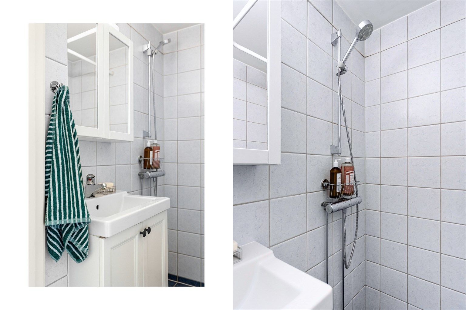 Detaljer fra det flislagte badet med gulvvarme.