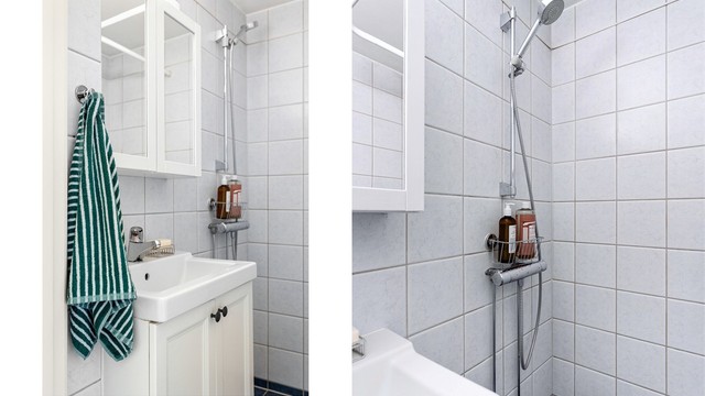 Detaljer fra det flislagte badet med gulvvarme.