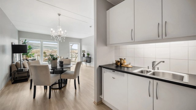 Videre er kjøkkenet utstyrt med integrert oppvaskmaskin, oppvaskkum, ventilator og komfyrvakt.