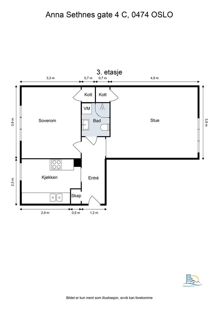 God planløsning med adskilt kjøkken, stue, soverom og bad. To kott gir god lagringsplass.