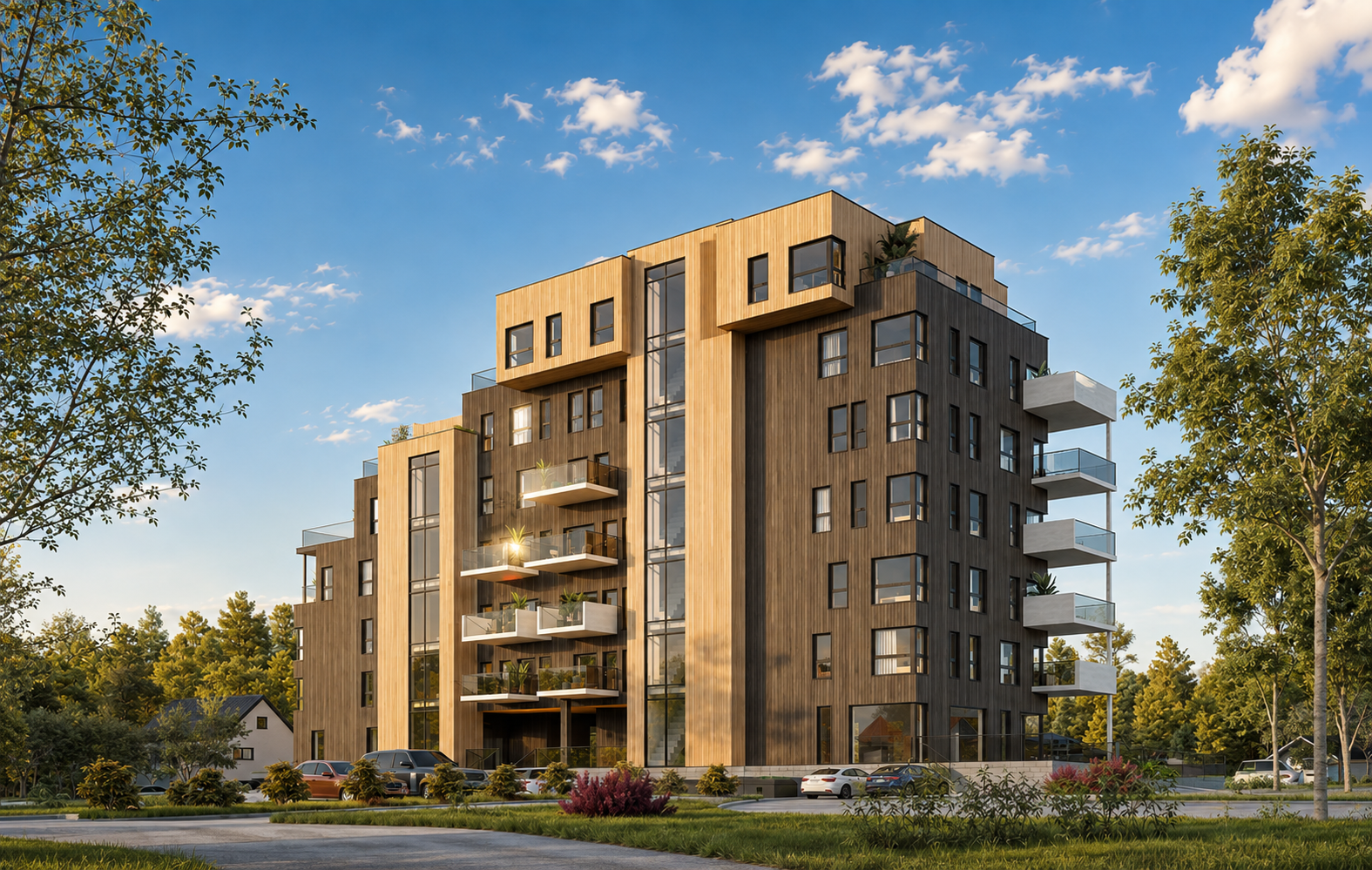 I Linnestad har vi utviklet 2, 3 og 4-roms leiligheter i størrelser fra 43 til 131 m². Alle leilighetene har egen balkong, garasje i parkeringskjeller og sportsbod i kjeller.  Bildet er en AI-redigert illustrasjon og kan avvike fra endelig utførelse