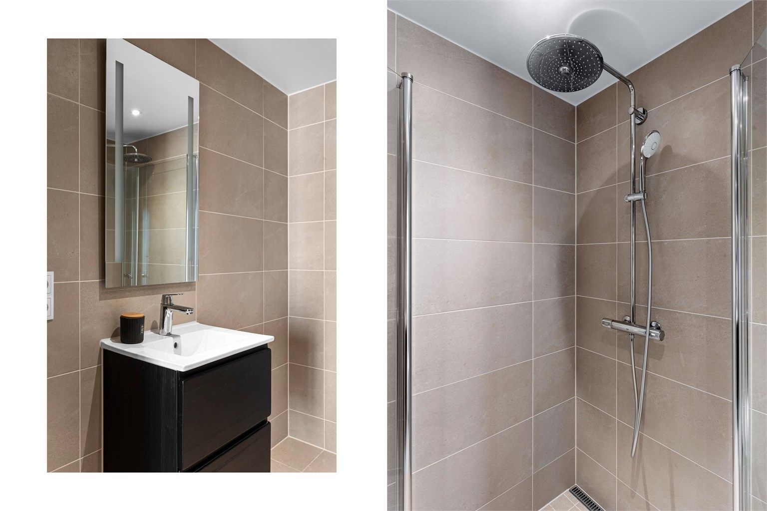 Servantinnredning fra HTH, vegghengt toalett, og et dusjhjørne med svingbare glassdører.