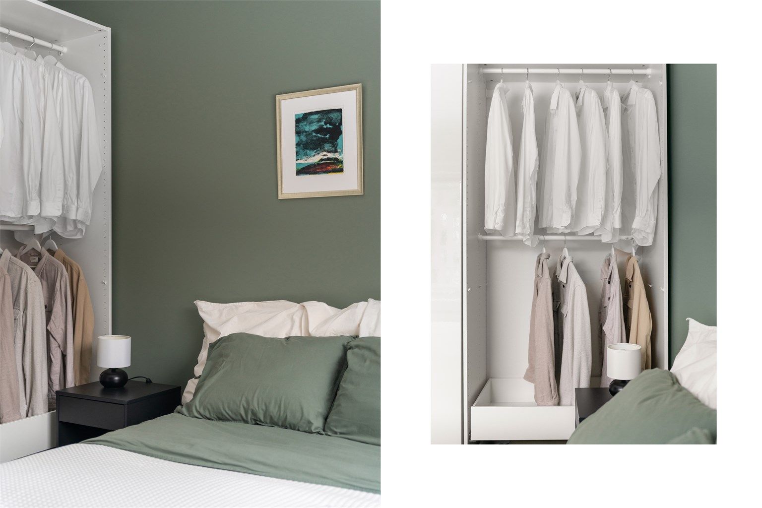 Garderobeskapet har en praktisk innredning for organisert oppbevaring.