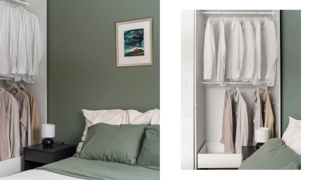 Garderobeskapet har en praktisk innredning for organisert oppbevaring.