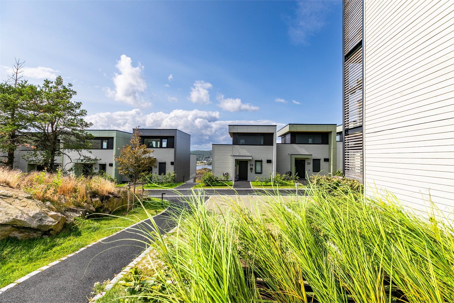 Mellom husrekkene i front sees gløtt av sjøen i Mossesundet.