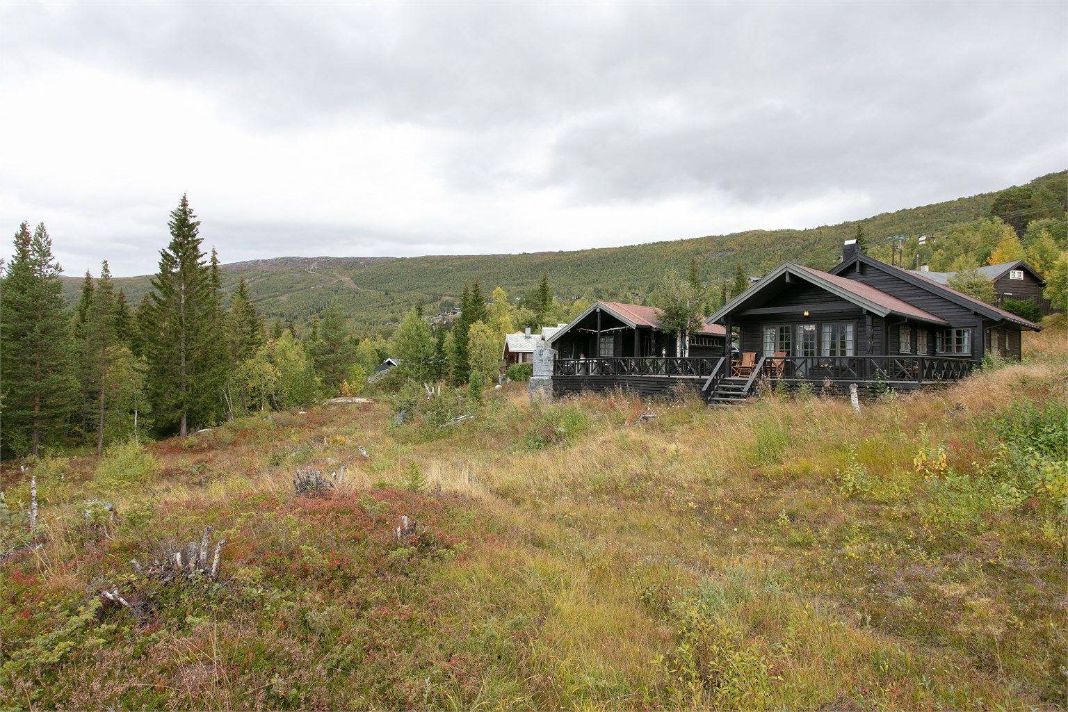 Hyttetunet ligger fritt til i terrenget med åpent naturlandskap like foran.