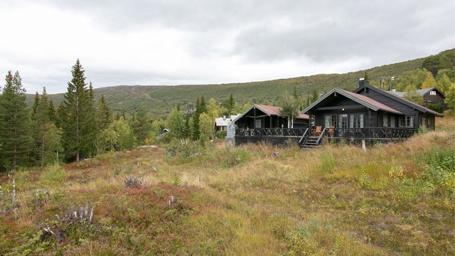 Hyttetunet ligger fritt til i terrenget med åpent naturlandskap like foran.