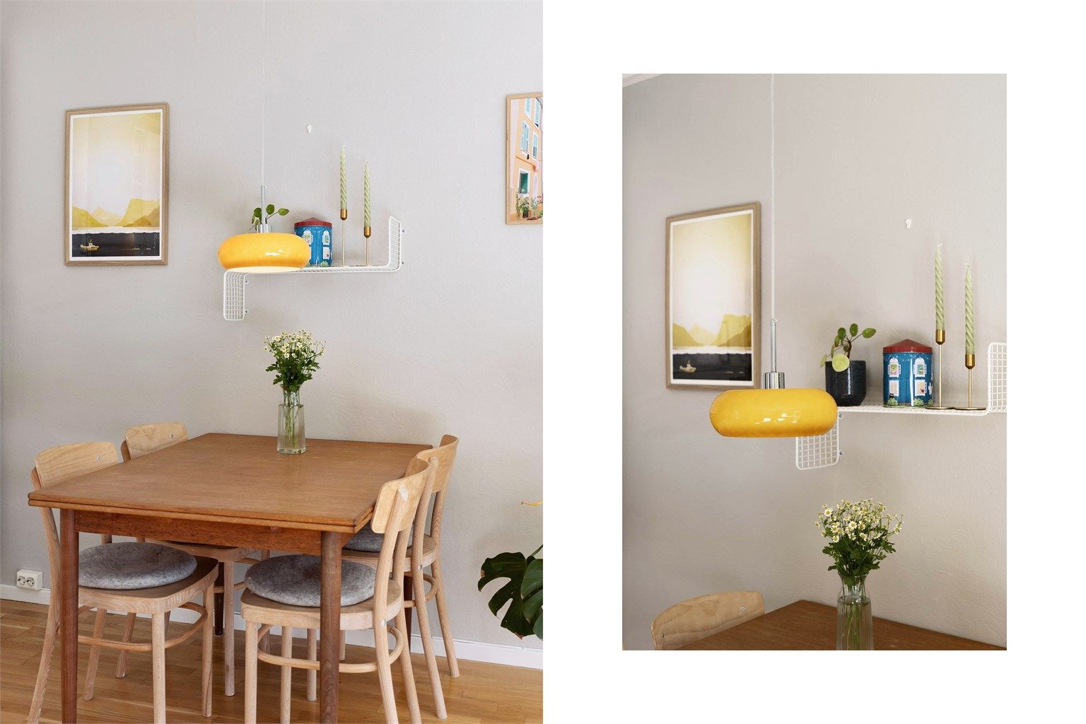 Spiseplassen ligger i den åpne forbindelsen mellom kjøkken og stue. Her er det god plass til et spisebord for hyggelige middager, og lyset fra de store vinduene gjør plassen ekstra innbydende.