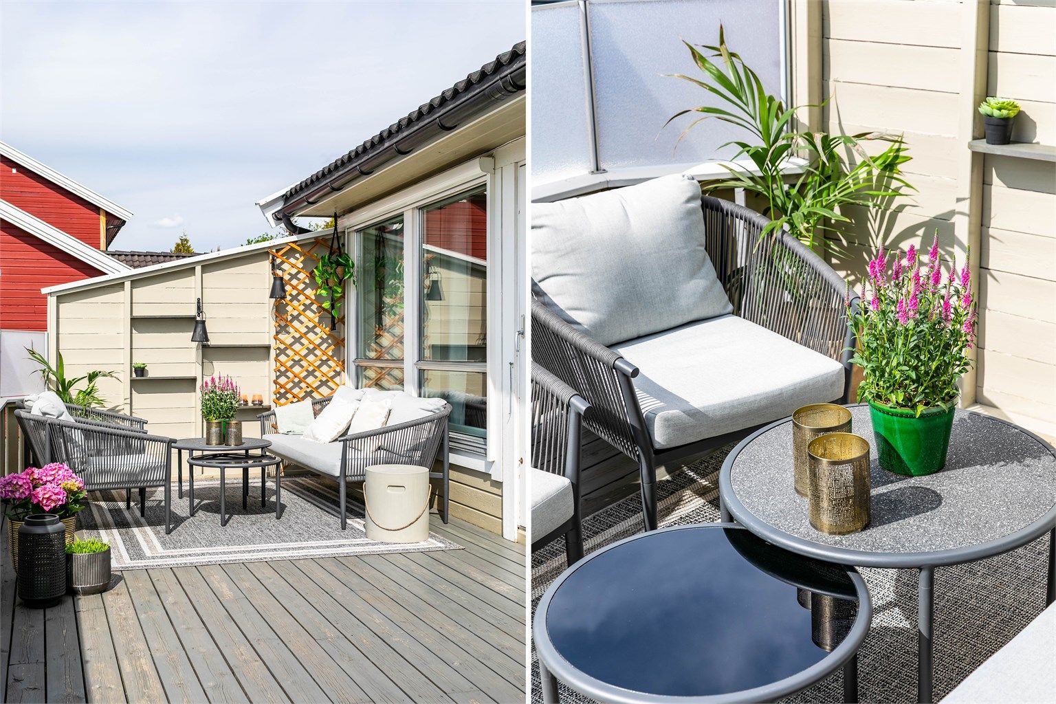 Solforholdene er meget gode, sommerstid er terrassen solfylt fra tidlig ettermiddag til sen kveld.