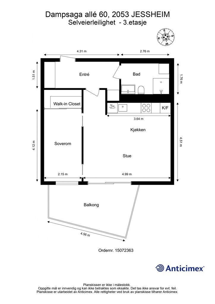 Plantegning med innvendig mål og himmelretning. 
