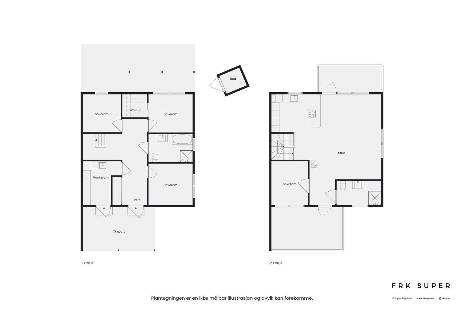 Planskisseoversikt over begge etasjer inklusiv utvendig bod.