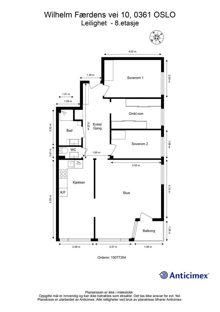 Plantegningen viser en arealeffektiv leilighet på 80 m² med to soverom og separat toalettrom.