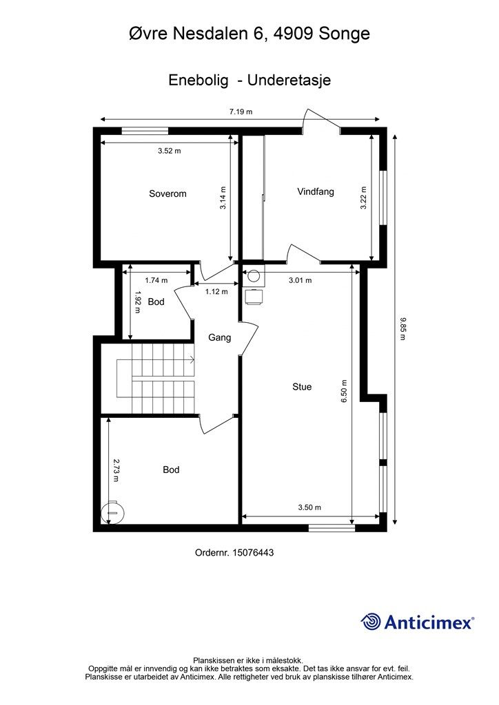 Plantegning underetasje - OBS: "Soverom" og "stue" er ikke godkjent til varig opphold. Dette må omsøkes for å lovlig bruke det som benevnt av takstmann.