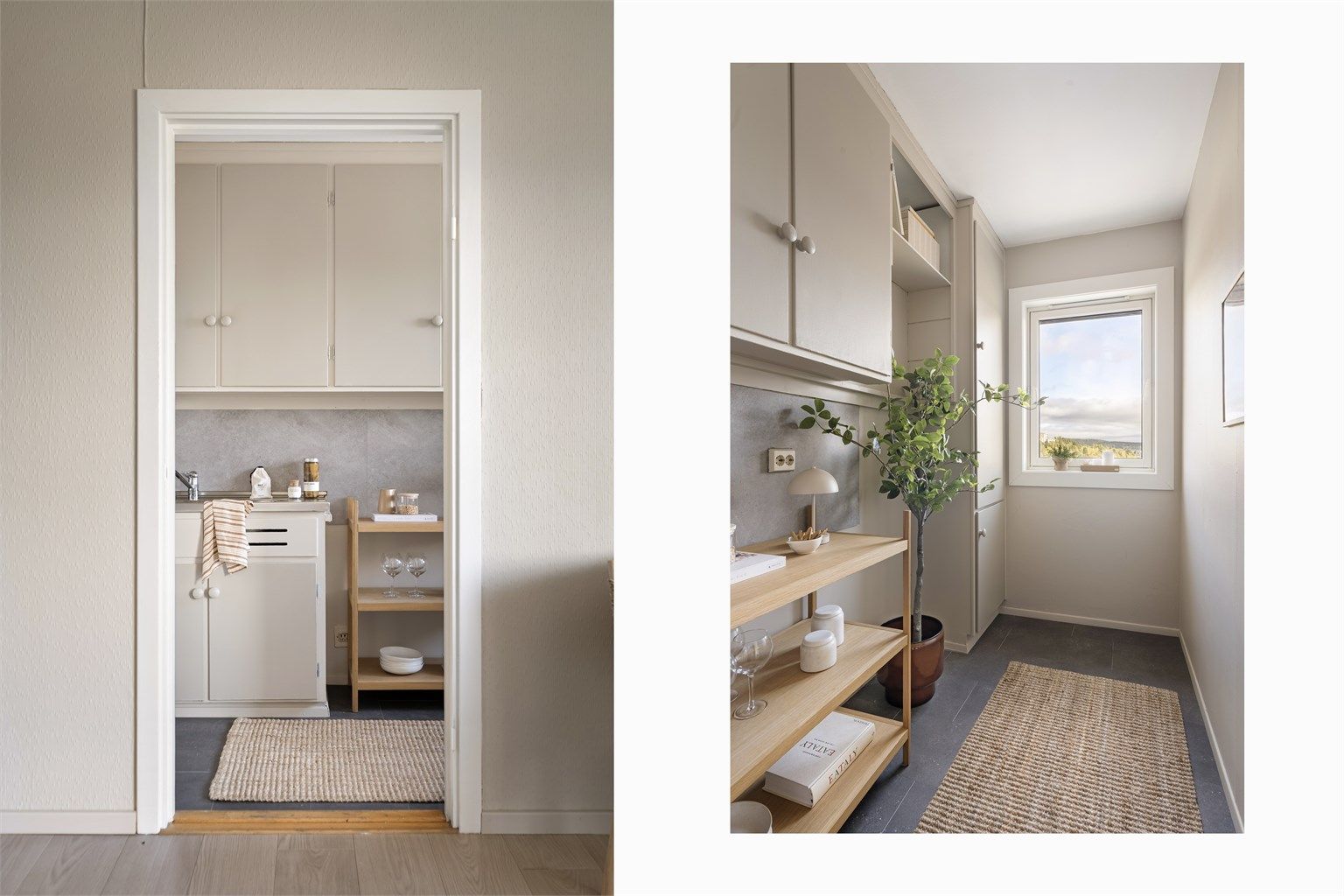 Det separate kjøkkenet har eget vindu som slipper inn dagslys, og innredningen er original fra byggeåret. For deg som har lyst på et oppussingsprosjekt er dette et spennende utgangspunkt.