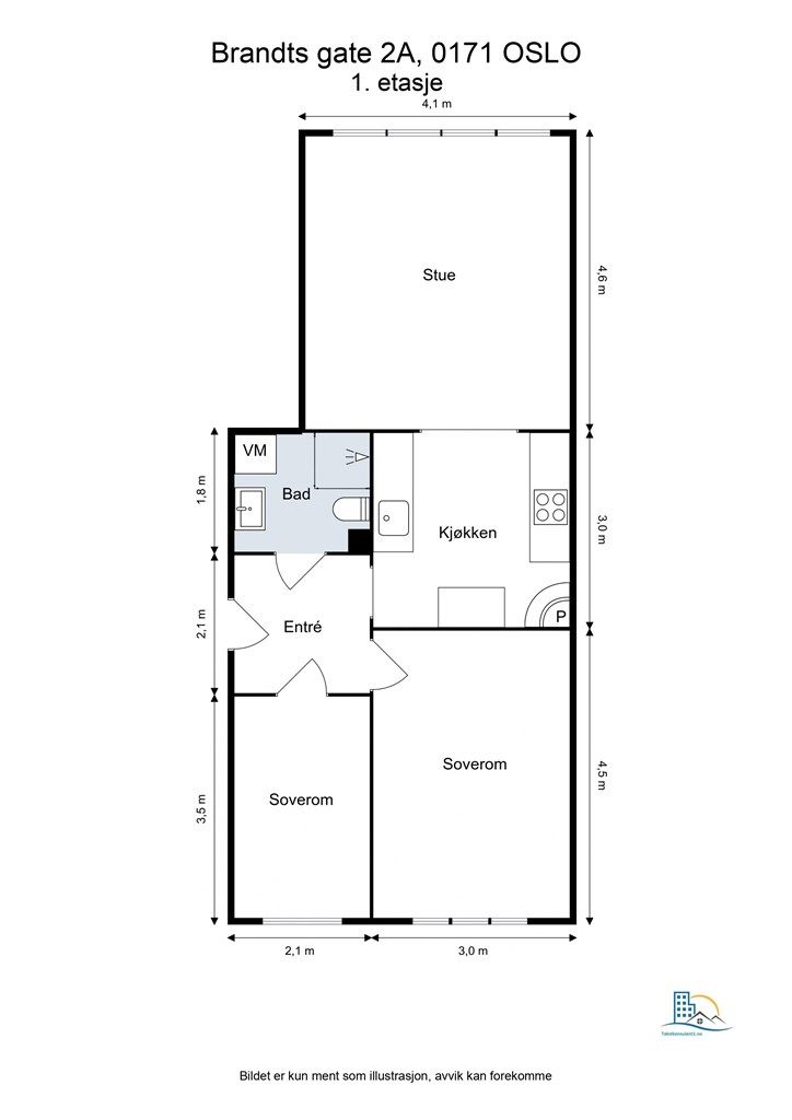 Boligen har en arealeffektiv planløsning på 58 m² som omfatter entré, bad, stue/kjøkken og to soverom. Leiligheten disponerer også to boder.