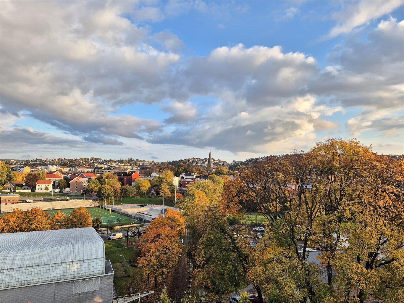 Selgers bilde fra balkongen, med frodige, grønne trær som omkranser nabolaget