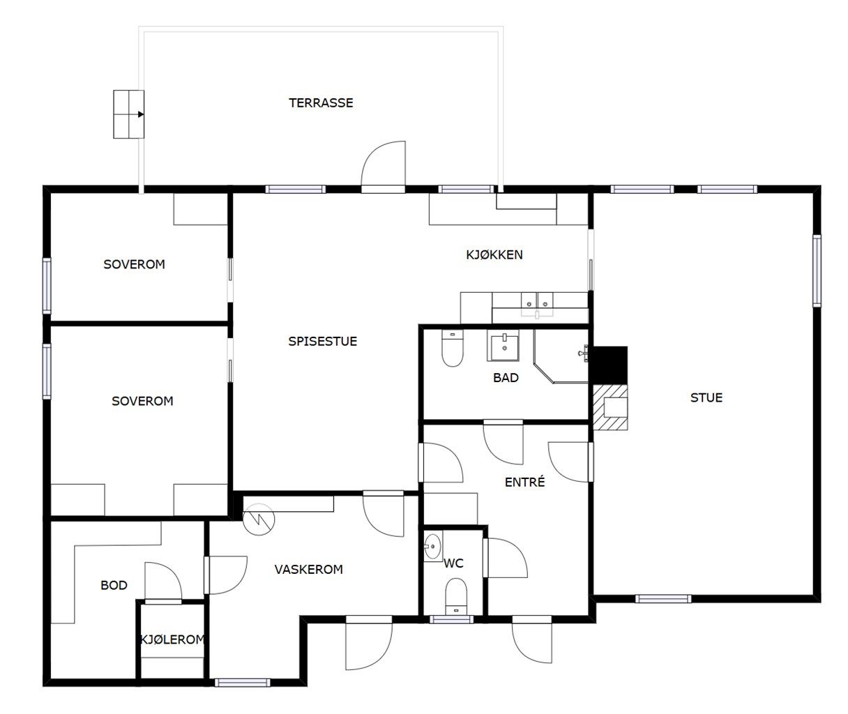 Veiledende planskisse. Alle rom er samlet på én flate.