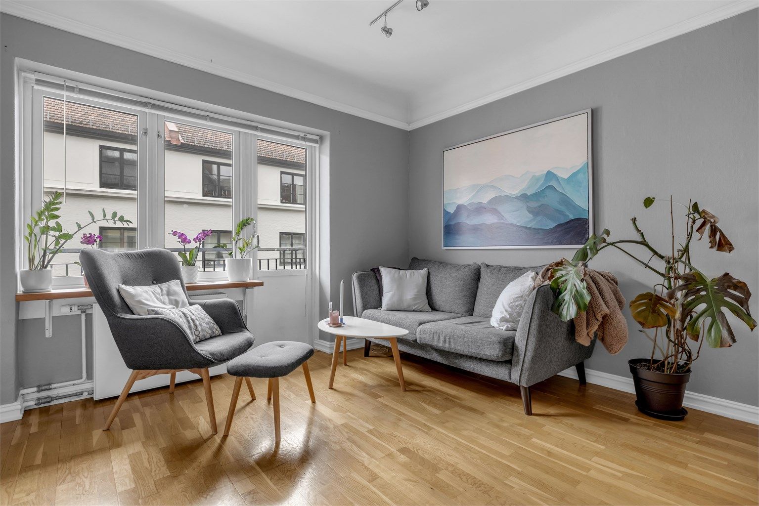 Innred med både sofagruppe, salongbord, TV-seksjon og spisebord.