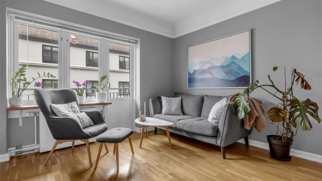 Innred med både sofagruppe, salongbord, TV-seksjon og spisebord.