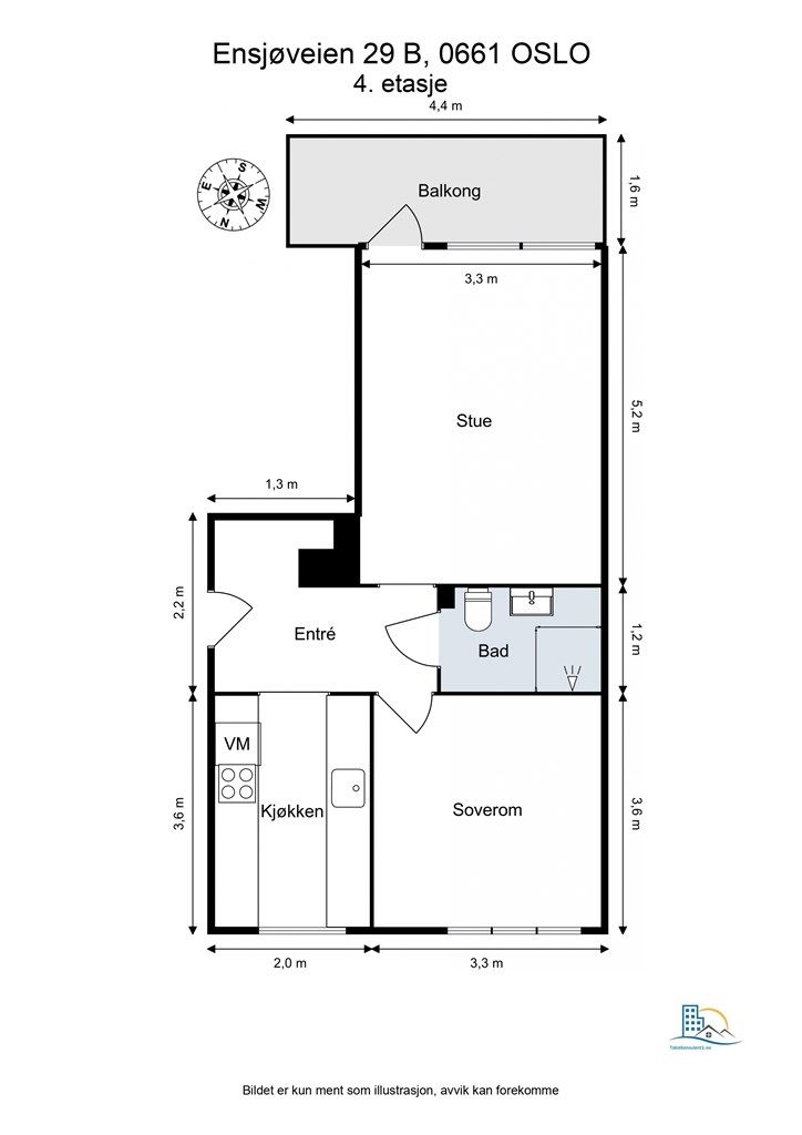 Plantegning. Det er muligheter for å flytte kjøkken ut i stuen dersom man ønsker å etablere et ekstra soverom. 