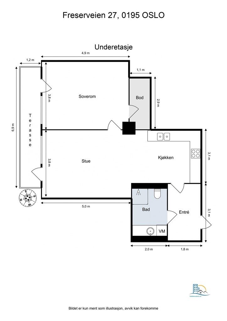 Boligen inneholder entré, stue, kjøkken, bad, soverom samt kjellerbod for oppbevaring.