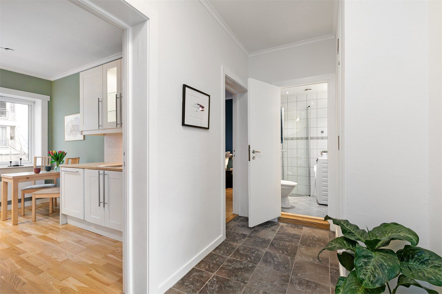 Entréen er plassert i midten av leiligheten og har adkomst til alle rommene. Til høyre for baderommet er det et innbygget skap med plass til sko, jakker og støvsuger.