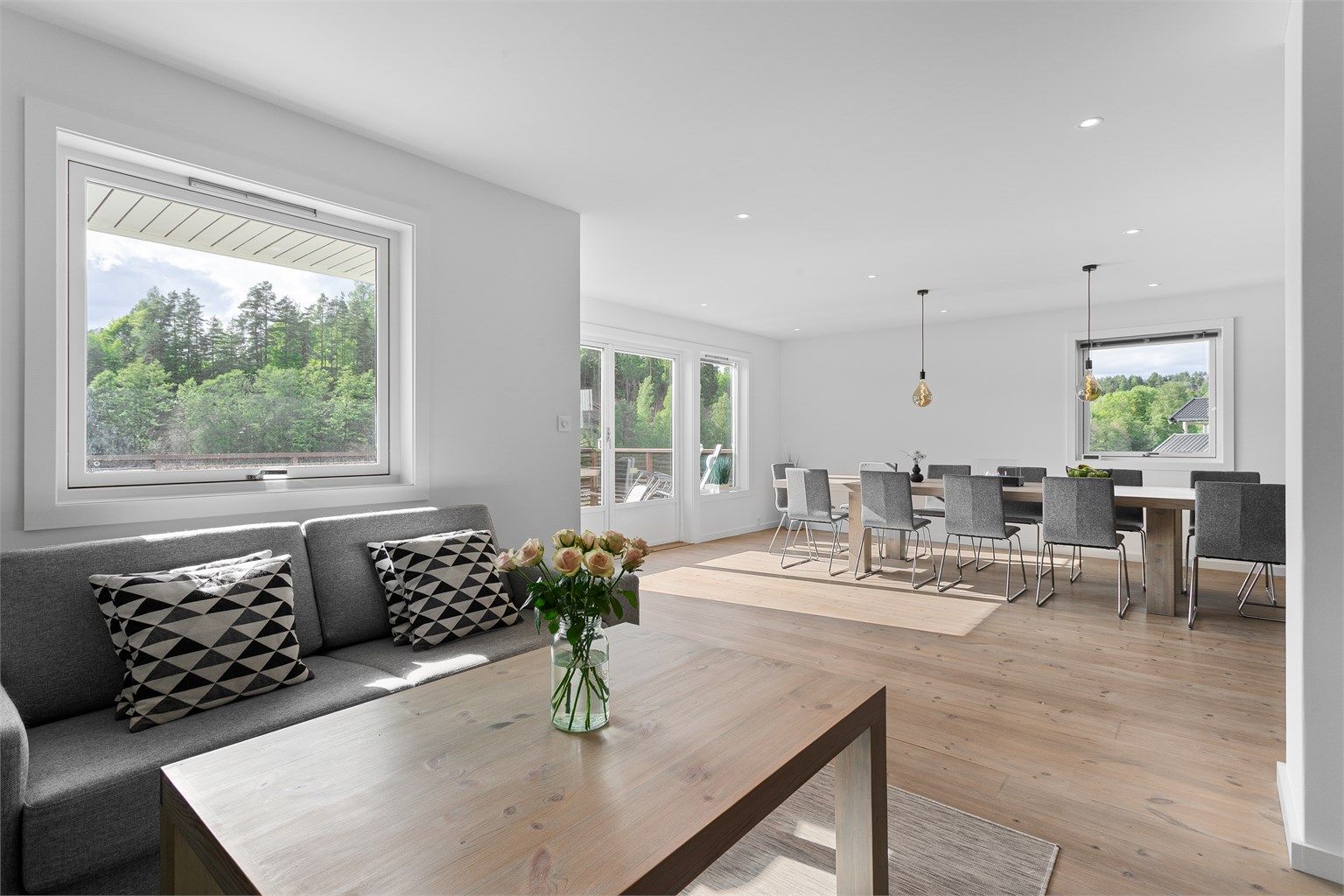 Plass til spisebord og sofagruppe