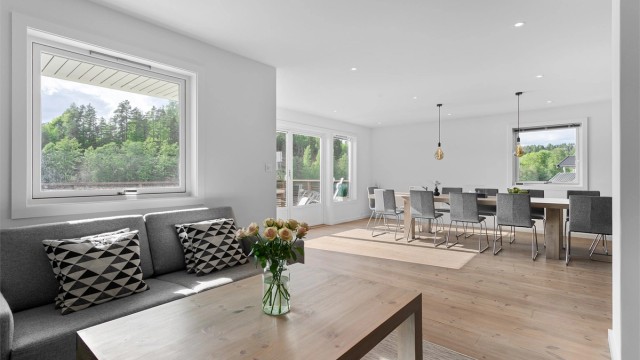 Plass til spisebord og sofagruppe