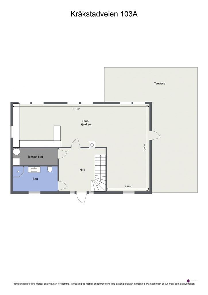 1. etasje har en sosial planløsning med åpen stue- og kjøkkenløsning, bad, teknisk rom og en romslig hall.