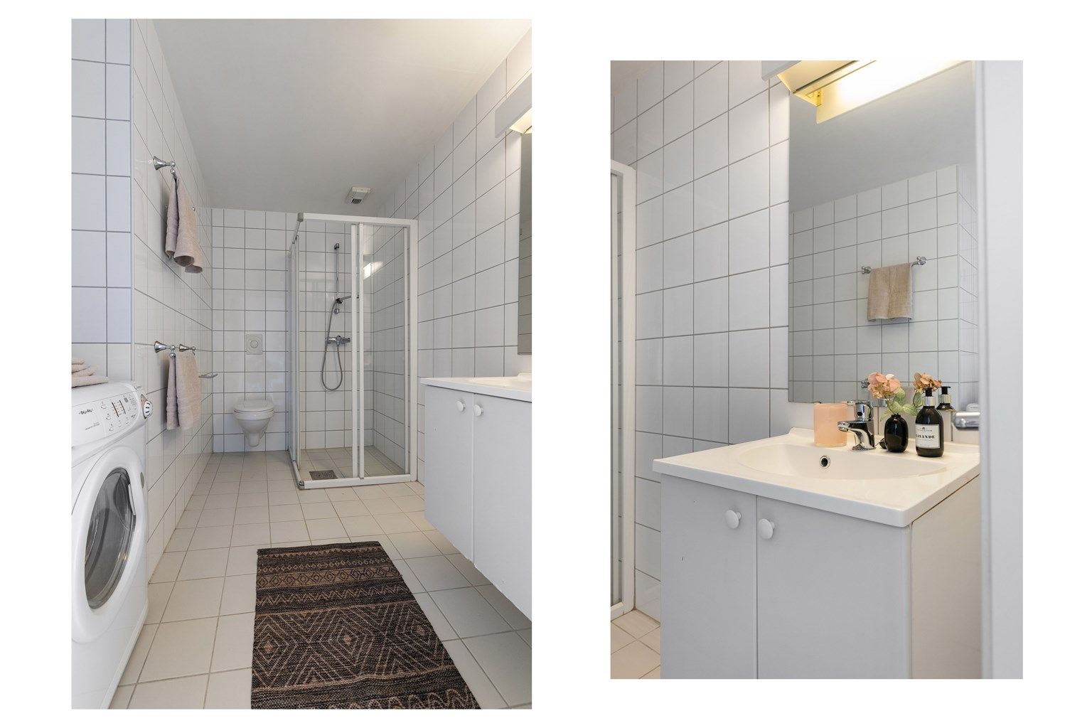 Innredningen består av vegghengt servant med speil og overlys, dusjhjørne og vegghengt toalett.