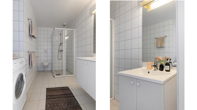 Innredningen består av vegghengt servant med speil og overlys, dusjhjørne og vegghengt toalett.